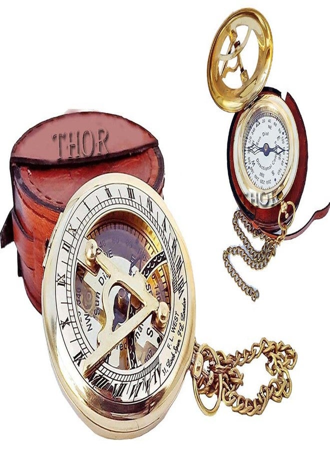 THOR INSTRUMENTS Beautiful Brass Sundial Compass with Brown Leather Case & Chain | Push Open Compass | Camping | Hiking Steampunk | Accessory Brass Finish | Sundial Clock Anniversary | Valentine’s Handmade Gift - Image 3